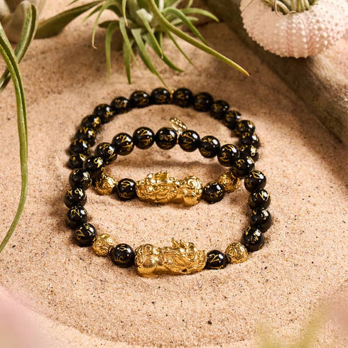 Pixiu Feng Shui Bracelet | CARBON Element | Black Agate x 18k Gold